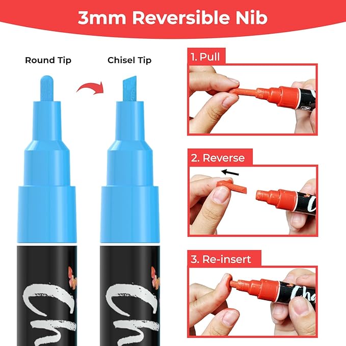 Fine Tip Chalk Markers - Pack of 40 (Neon, Classic & Metallic) Chalk Pens - For Chalkboard, Blackboard, Window, Labels, Bistro, Glass - Wet Wipe Erasable - 3mm Reversible Tip