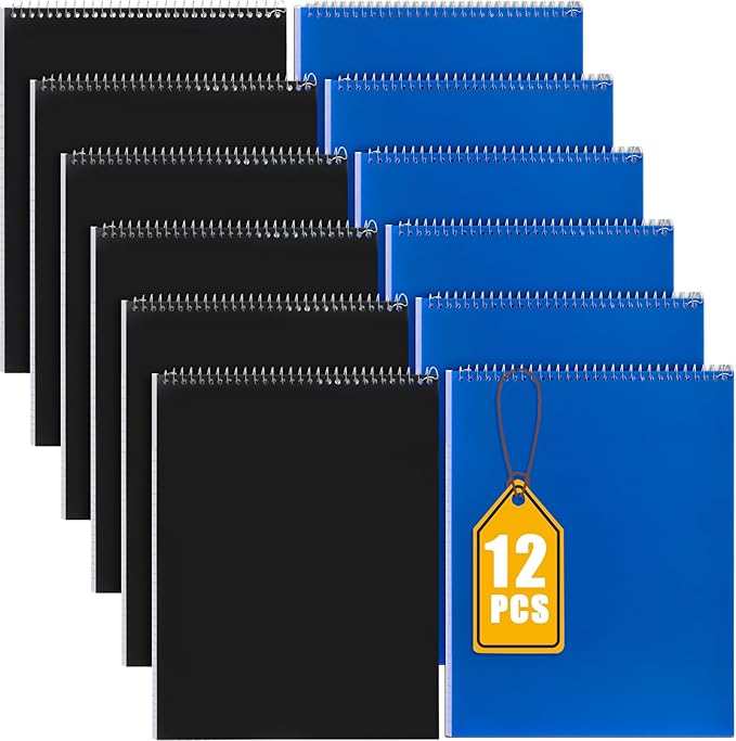 Faccito 12 Pack Top Steno Spiral Notebooks Bulk Top Bound Steno Pads Spiral Book11 x 8-1/2" 100 Sheets College Ruled Paper Notebooks for Office School University Work Supplies (Black,Blue)