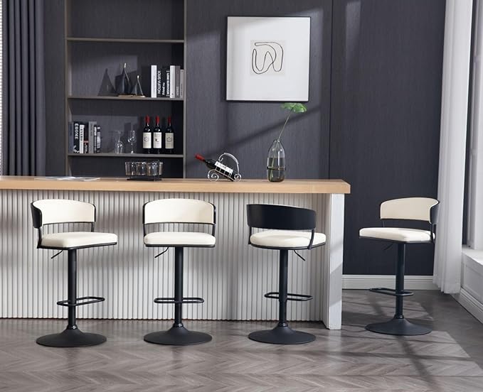 Adjustable Modern Bar Stools Set of 6 Faux Leather Barstools Swivel Counter Height Bar stools with Curved Back/Black Metal Base Comfy Upholstered Bar Chairs for Kitchen Island, Beige
