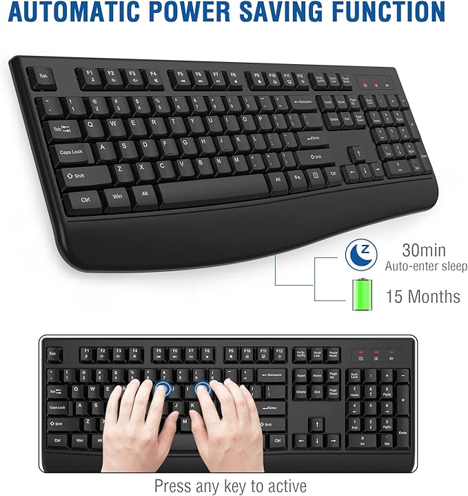 EDJO Wireless Keyboard, 2.4G Ergonomic Full Size Wireless Computer Keyboard with Wrist Rest for Windows, Mac OS Desktop/Laptop/PC（Black）