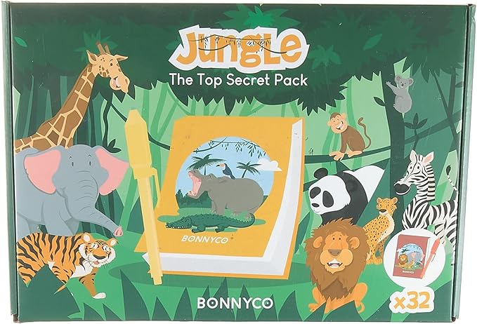 BONNYCO Invisible Ink Pen and Notebook Pack 32 Safari Party Favors for Kids Magic Spy Pen Goodie Bags Stuffers for Kids | Jungle Goody Bag Stuffers Return Gifts Birthday, Classroom Prizes Students