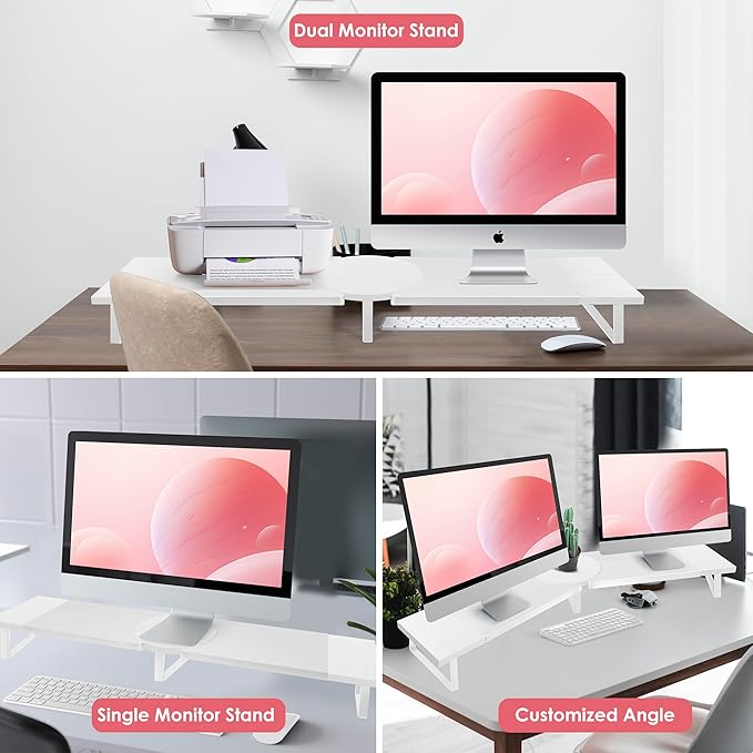 Dual-Monitor-Riser-Stand-For-Desk, Large Monitor Stand Riser For 2 Monitors With Adjustable Length Angle, Double Computer Riser For Desktop Organizer, Monitor Shelf Riser