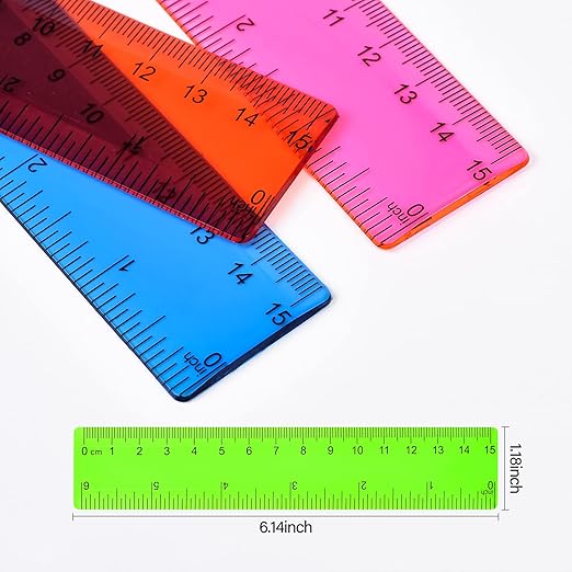 Clear Plastic Straight Ruler, 6 Inch, Bulk Assorted Colors, Shatterproof with Inches and Centimeters for School, Home, or Office (8 Pack)