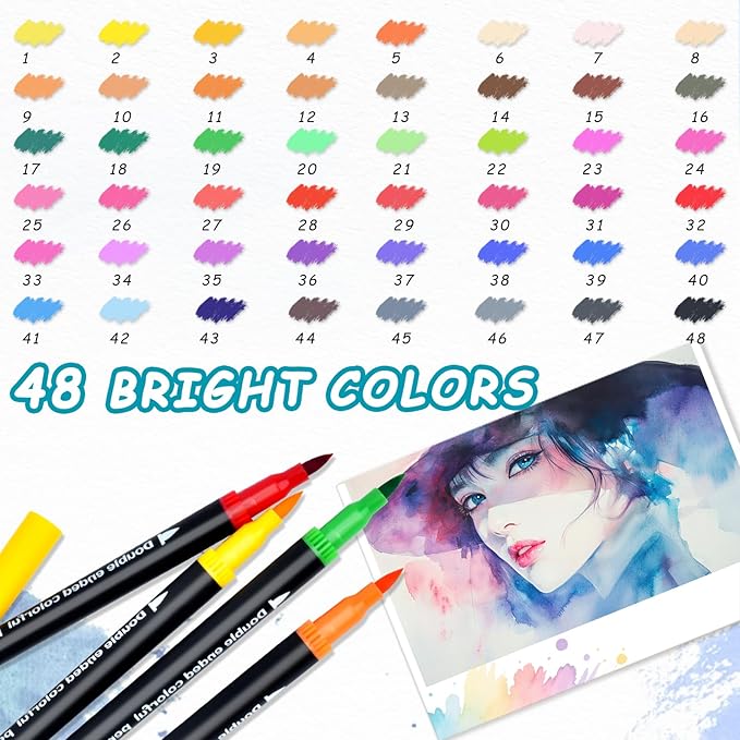 48 Colors Dual Markers Brush Pens, Art Markers Colored Pens for Adult Coloring Books, Brush and Fine Point Dual Tip Artist Colored Marker Set for Drawing Adult Coloring Hand Lettering