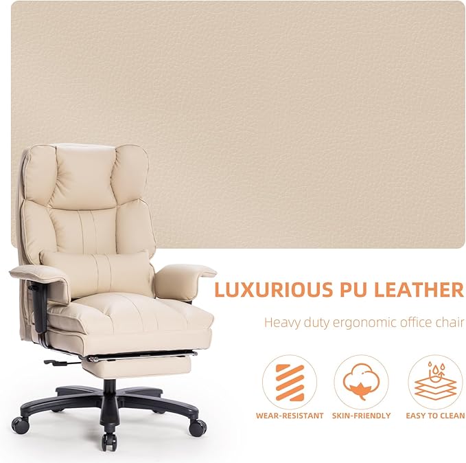 Big and Tall Office Chair 500lbs Wide Seat Executive Office Desk Chair High-Back Office Task Chair with Foot Rest, Ergonomic Lumbar Support Computer Office Chairs for Heavy People(Beige)