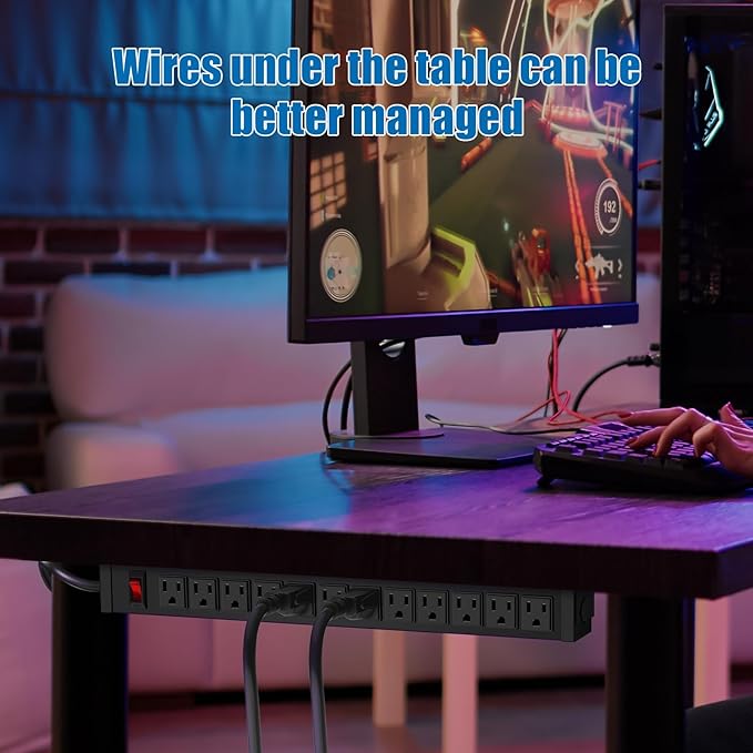 HHSOET Rotating Mountable Power Strip, 12 Outlet Wall Mount Surge Protector, Metal Heavy Duty and Versatile Outlet Strip, Stylish Appearance, Sturdy and Durable, 15ft Power Cord.(Black)