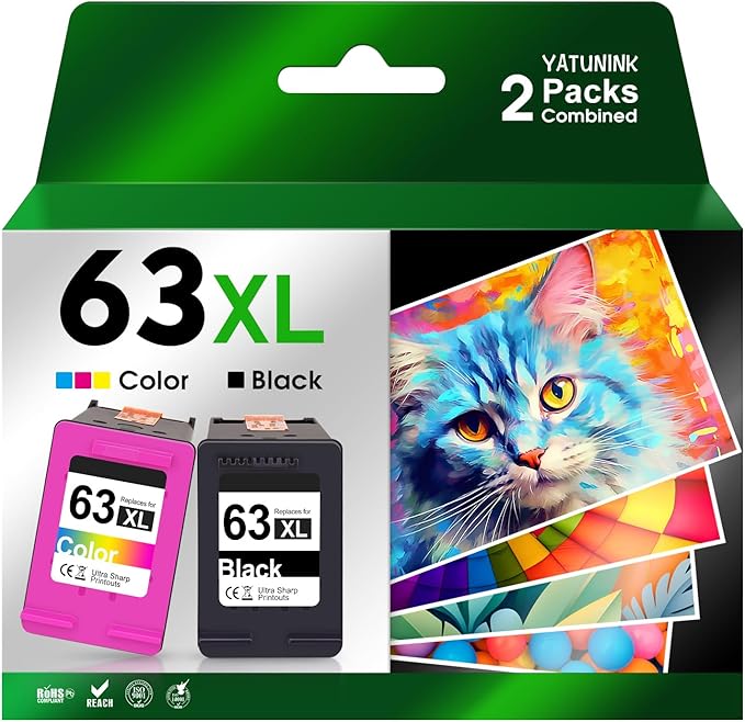 63XL Ink Cartridge Combo Pack Compatible for HP Ink 63 XL Works with HP DeskJet 1112 2100 3600 Series, Envy 4500 Series, OfficeJet 3800 4600 5200 Series (Black, Tri-Color)