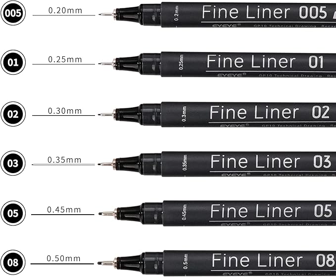 EYEYE Micro Pen Black Drawing Art Pens,0.2/0.25/0.3/0.35/0.45/0.5mm Archival Pens Waterproof Ink Set Artist Supplies Archival Inking Markers Sketch Outline Pen