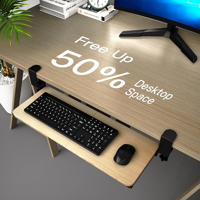 Ergonomic Keyboard Tray Under Desk Pull Out with Adjustable C-Clamp Mount, Slide-Out Computer Keyboard and Mouse Platform Drawer for Office and Home Typing (Light Wood)