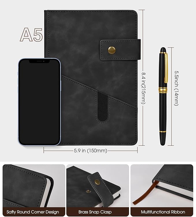 Black A5 Lined Leather Journal Notebook for Men Women,5.9" X 8.4" Personalized Hardcover Journal with Pen,200 Pages 100 Gsm Thick Ruled Paper Daily Diary for School,Travel,Work,Writing