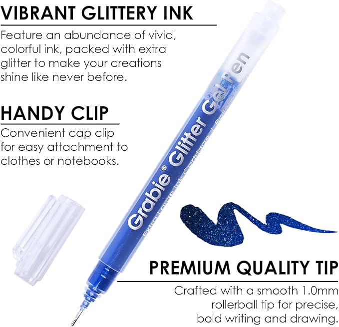 Grabie Jumbo Glitter Gel Ink Pen Set Of 18, Metallic Vibrant Sparkle Gel Pens for Coloring, Sparkle Markers, Glitter Pens for Adults (18 Colors Jumbo Gel Pens)