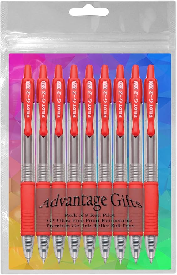 G2 Retractable Premium Gel Ink Roller Ball Pens Ultra Fine Point (.38mm) Red Ink 9 pack; Refillable & Premium Comfort Grip Bundle with Plastic Reusable Pouch