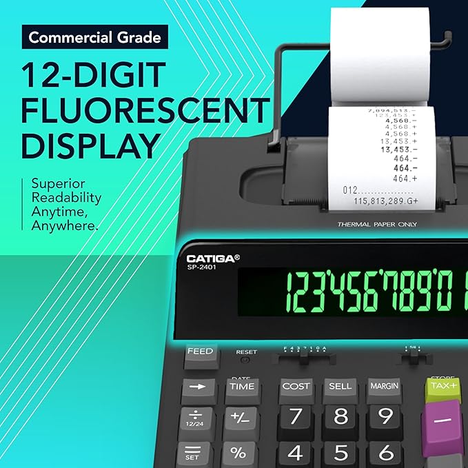 CATIGA 12 Digit Thermal Printing Calculator with Tape Print Out, Ink-Free Adding Machine, 5X Faster Quite at 8.0 LPS, Extra Large Fluorescent Display, Tax Calculation with Clock and Calendar, SP-2401