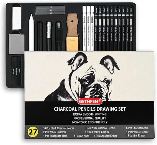 27 Piece Charcoal Drawing Set - Professional Black & White Charcoal Pencils for Sketching, Shading & Blending, Graphite Sticks with Artist Art Supplies Kit (Beginners & Professionals)