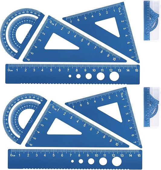 Honagu Triangular Ruler Set, 8 Pieces/2 Sets Aluminum Alloy Ruler, Metal Drafting Ruler, Geometric Protractor for Students, Draftsmen, Engineers, School Office Supplies (Blue+Blue)