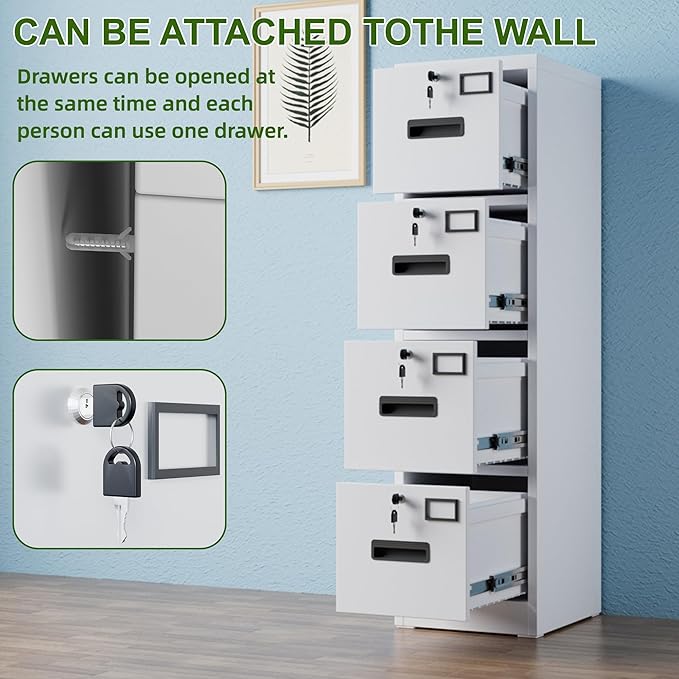 Aobabo 4 Drawer File Cabinet, Metal Filing Cabinet with Lock, Suitable for Home Office School Hanging Files Letter/Legal/A4 Size,White,Required-Assembly,17.72" D x 14.96" W x 55.2" H