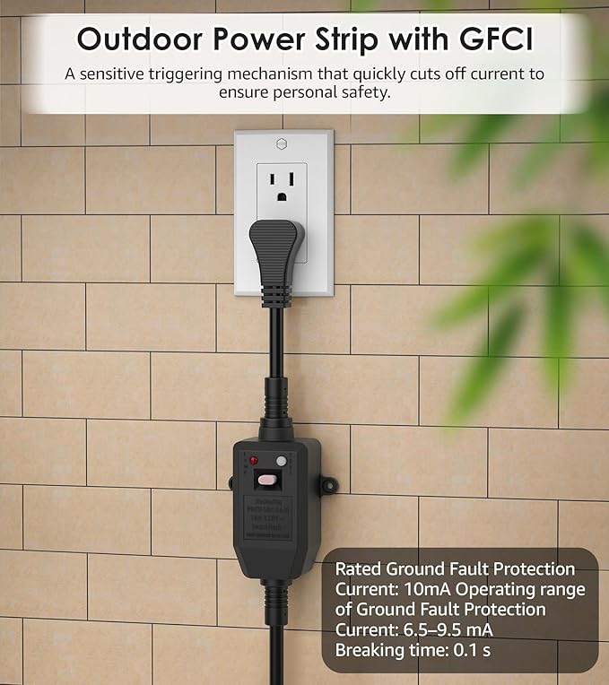 CCCEI GFCI Outdoor Power Strip Weatherproof with 8 AC, Waterproof Extension Cord with Multiple Outlets, Wall Mount Surge Protector Flat Plug, Christmas Exterior Garden, Yard, 15FT, Yellow.