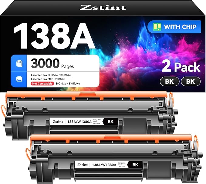 138A W1380A Black Toner Cartridge Set 2-Pack High Yield with Chip Replacement for HP 138A W1380A 138X W1380X Cartridge Compatible with HP Laser Jet Pro 3001dw 3001fdw MFP 3101fdw Series Printer Toner