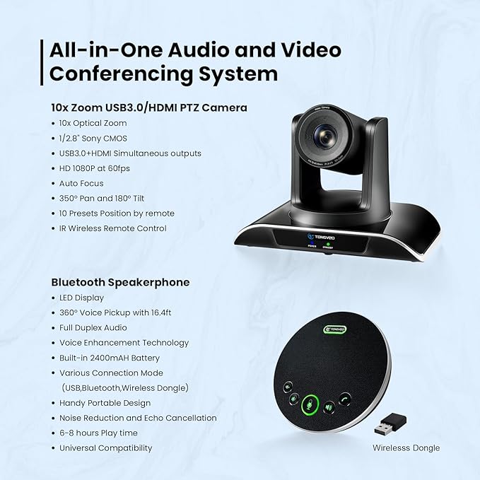 10x Zoom Conference Room Video Camera System, All-in-One HD 1080P 60fps 10X Optical Zoom USB3.0 HDMI PTZ Camera and Bluetooth Conference Speaker with Microphones Bundle for Medium Room