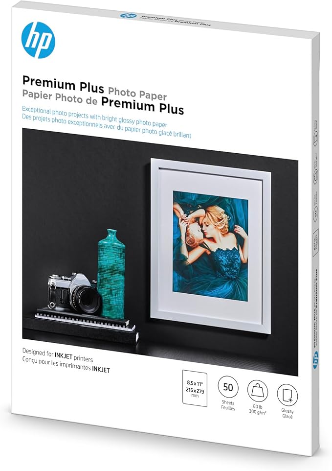 HP Premium Plus Photo Paper, Glossy, 8.5x11 in, 50 sheets (CR664A), White, Pack 1