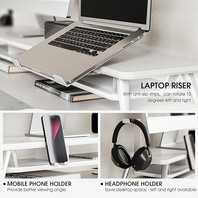 Fenge Dual Monitor Stand, Monitor Riser for 2 Monitors with Adjustable Laptop Riser , 42.5 Inch Desk Shelf for Top of Desk with Phone Holder& Headphone Stand