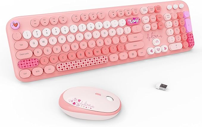 FOPETT Wireless Keyboard and Mouse Combo - 2.4G Full-Sized Cute Colorful Retro Keyboard with Round Keycaps 104 Keys Typewriter Keyboard for Laptop/Windows/PC-Pink Colorful