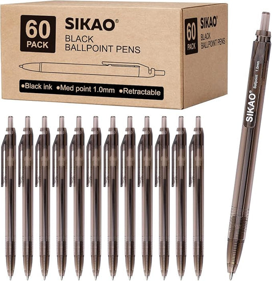 Black Pens Bulk, Box of 60 Pack Black Ink Pens Ballpoint Smooth Writing Pens No Smudge, Retractable Ball Point Pens Medium Point, Click Server Pens for Waitress, School Office Supplies