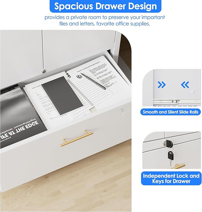 1 Drawer Lateral File Cabinet with Lock, Metal Filing Storage Cabinet with Locking Doors and Adjustable Shelf for Home, Office, School, Fits A4/Letter/Legal Size Folders, White