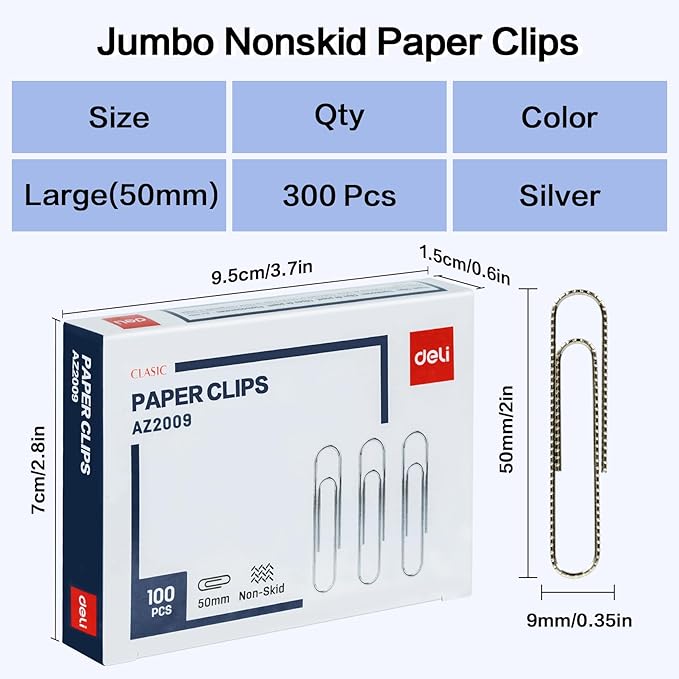 Deli Jumbo Paper Clips Nonskid, 300 Large Paper Clips, 3 Boxes of 100 Each, Silver