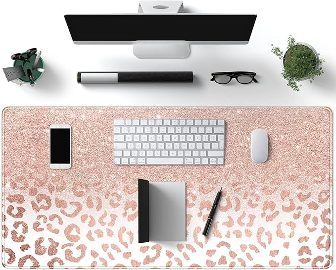 Desk Mat XXL Mouse pad, Pink Rose Gold Leopard Print Office Supplies and Accessories Decor for Women 31.5X15.75in,Stitched Edges Smooth Non-Slip Bottom, Large pad