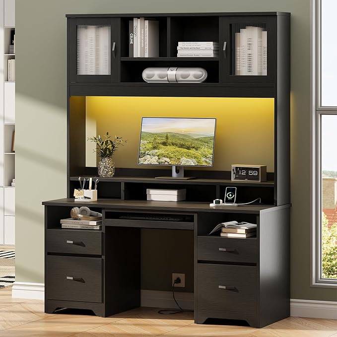 Bestier 77.8" H Executive Desk with Hutch, Modern Wood Computer Desk with Drawers, Charging Station, LED Light, Fluted Storage Cabinet, Keyboard Tray, 59" W Office Desk for Home Office, Black