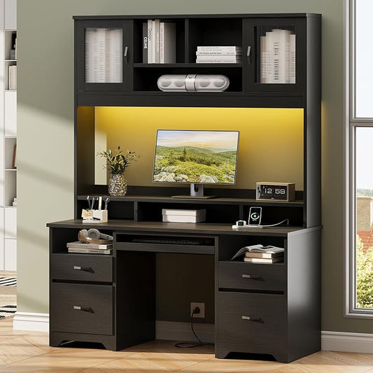 Bestier 77.8" H Executive Desk with Hutch, Modern Wood Computer Desk with Drawers, Charging Station, LED Light, Fluted Storage Cabinet, Keyboard Tray, 59" W Office Desk for Home Office, Black