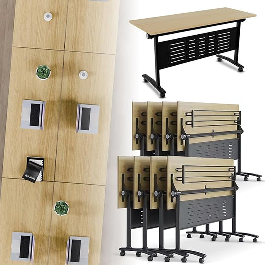 Folding Conference Room Table, Modern Conference Tables with Wheels, Large Rectangular Mobile Training Tables for Office Classroom, Foldable Modular Boardroom Seminar Table Maple (10pack L63in)