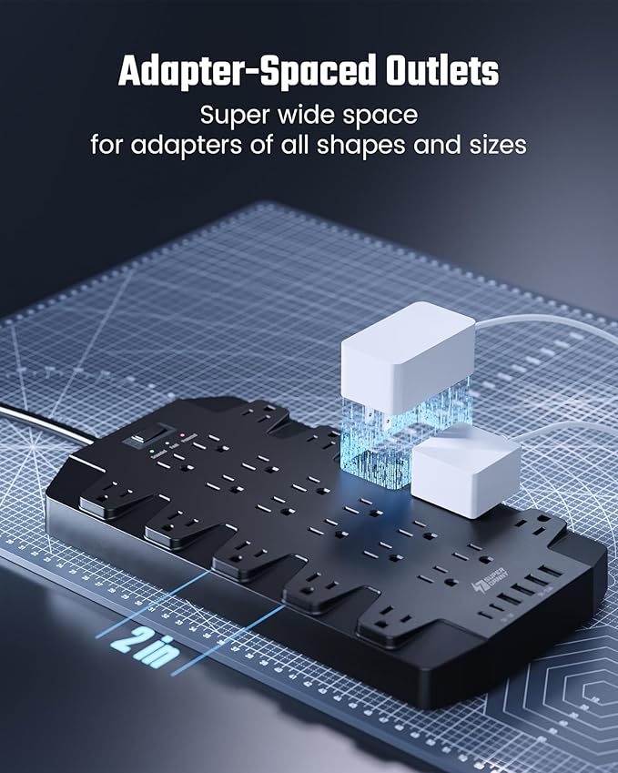 15 Ft Extension Cord Power Strips with Surge Protection, SUPERDANNY Surge Protector with 22 Outlets, 2 USB-C and 4 USB-A, 2100J, 15Ft Flat Plug Heavy Duty Extension Cord (1875W/15A) for Office, School