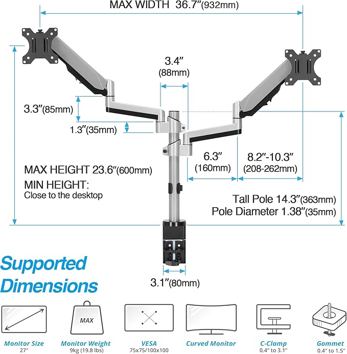 AVLT Dual 13"-27" Stacked Monitor Arm Desk Mount - Fits Two Flat/Curved Monitors, Full Motion Height Swivel Tilt Rotation Adjustable - VESA/C-Clamp/Grommet/Cable Management