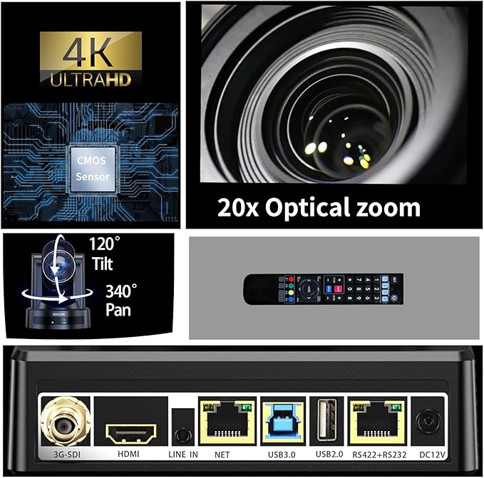 4K PTZ Camera with 20X Optical Zoom & AI Auto Tracking, HDMI/SDI/USB3.0/RJ45 Multi-Interface for Live Streaming, Video Conference & Church Events, vMix/Zoom/OBS Compatible