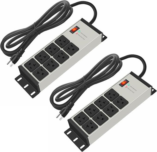 CCCEI 2PCS Heavy Duty Power Strip Surge Protector 20 AMP, 8 Outlets 12 Gauge Shop Garage Metal Multiple Outlets, 4 FT Extension Cord 5-15P Adapter High Amp 6-20R T-Slot 20a for Appliance Grey.