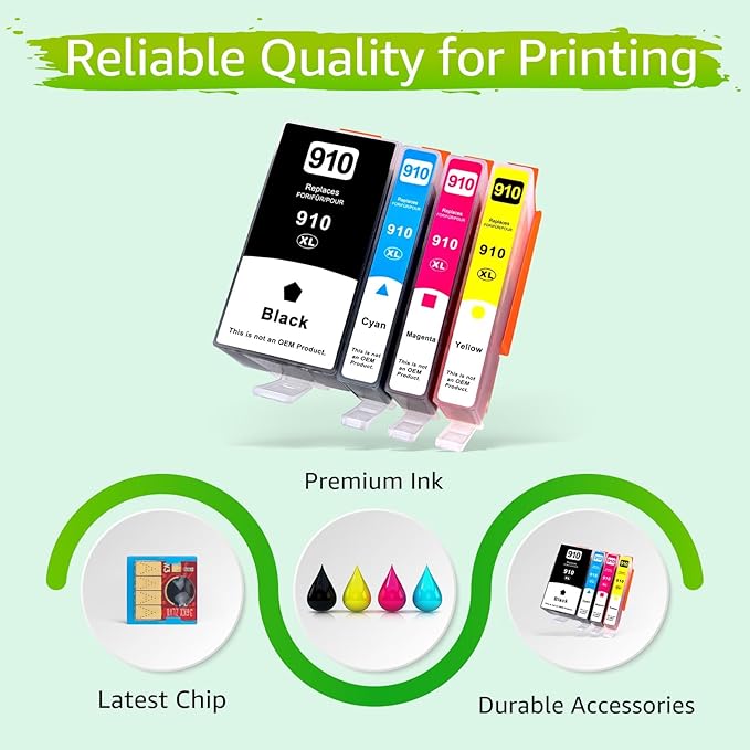greencycle 910XL Ink Cartridges Replacement for HP Ink 910 910Xl Black and Color Combo Pack Compatible with OfficeJet 8010 8015 8018 8022,OfficeJet Pro 8020 8030 8025 8028 8035 Printer (BCMY-4 Pack)