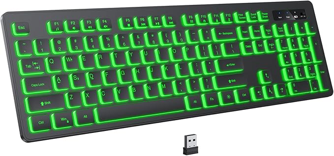 Backlit Wireless Keyboard, 2.4G Silent Wireless Light Up Keyboard, Full Size Computer Keyboards with 7 Colored Backlits, Rechargeable Keyboards for Windows, PC, Laptop (Black, Normative)