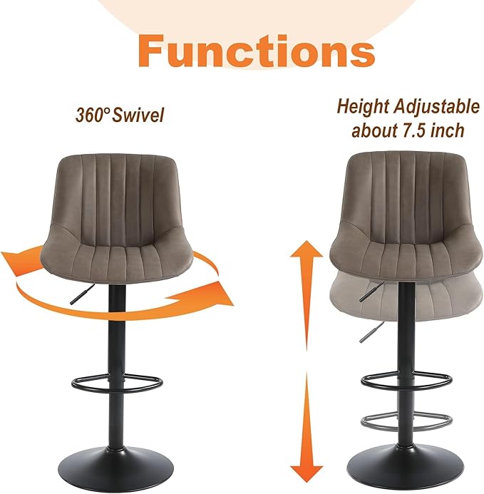 Bar Stool Set of 1, Adjustable PU Leather Bar Chairs, Swivel Counter Height Barstools with Back, Modern Armless Kitchen Island Stool, Brown