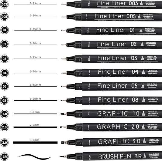 EYEYE Micro Fineliner Pens, Black Drawing Art Pens,12 Archival Pen Waterproof Ink Set Artist Supplies Archival Inking Markers Sketch Outline Pen, Precision Drawing and Sketching Kit