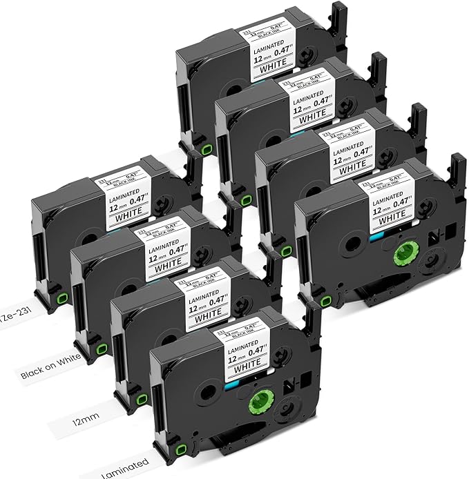 Airmall Tze 12mm 0.47 Laminated White Label Maker Tape Refill Compatible with Brother Ptouch Tape 12mm 0.47 White TZe-231 TZe231 for PT-D220 1180 1280 1290 1750 1830, 8 Pack
