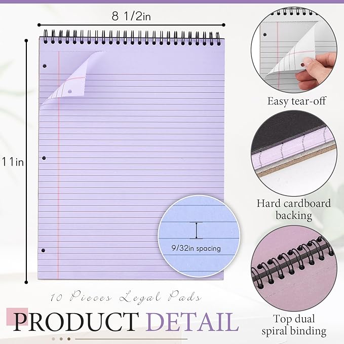 10 Packs 8. 5 x 11 in Top Bound Spiral Notebook 3 Hole Punched Legal Pads with Lined Page, 50 Sheets Per Pad, Hard Cardboard Paper College Ruled Notepad for Office School (Morandi Colors)