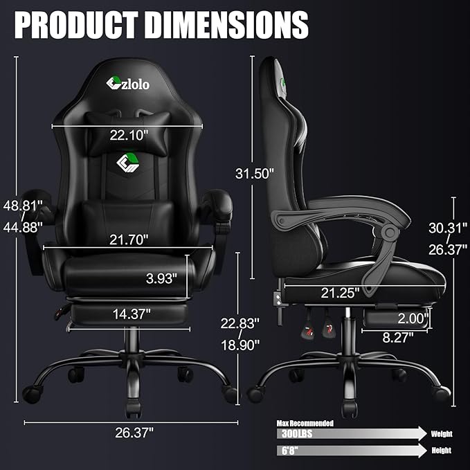 Gaming Chair, Ergonomic Office Computer Chair with Footrest and Lumbar Support Massager Racing Style High Back Video Gamer Chair, Wide＆Thick Cushion, 90°-135° Recline, Adjustable Height, Black