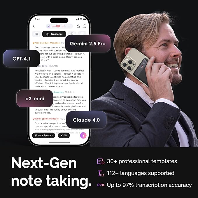 AI Voice Recorder, Note Voice Recorder w/Case, App Control, Transcribe & Summarize with AI Technology, Support 112 Languages, 64GB Memory, Audio Recorder for Lectures, Meetings, Calls, Black