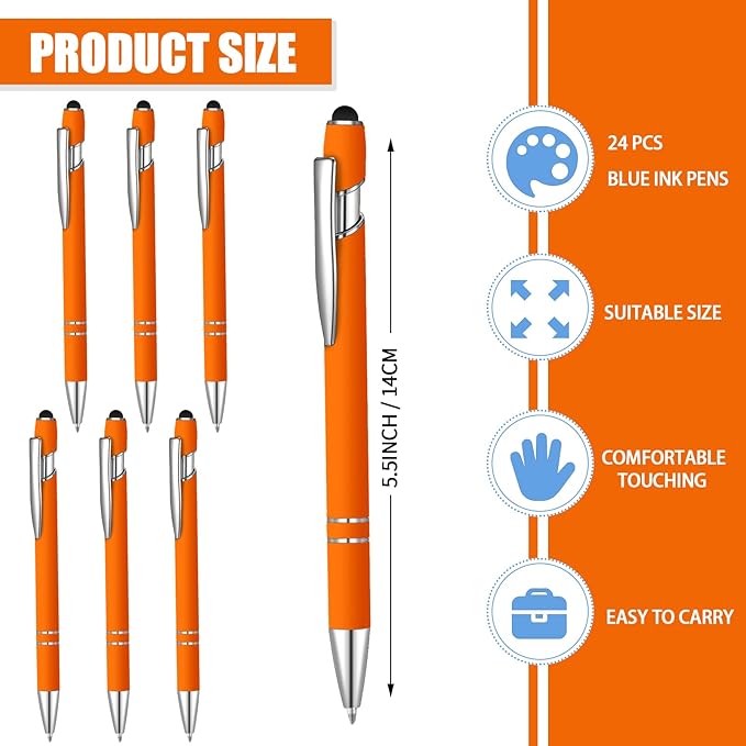 24 Pcs Blue Ink Ballpoint Pen with Stylus Tip 2 in 1 Ballpoint Pen 1.0 mm Blue Ink Metal Stylus Pen for Touch Screens Coworkers, Family, Colleagues, Office (Orange)