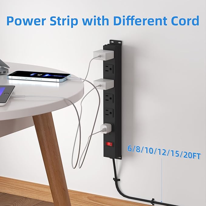 6 Outlet Power Strip with Wide Spaced and 10FT Power Cord,Wall Mount Metal Industrial Power Strip Heavy Duty for Commercial,Garage,School and Home,15A 125V 1875W,Black(10FT)
