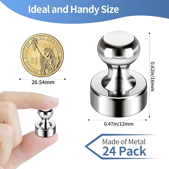 24Pack Strong Fridge Magnets - Small Push Pin Magnets for Whiteboard, Classroom, Office, Refrigerator