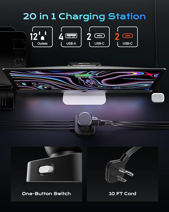 Dual PD 20W Power Strip Tower, TenTrend Surge Protector Power Strip with 12 AC Outlets & 8 USB Ports (4 USB C), 40W Desk Fast Charging Station, 10FT Flat Plug Extension Cord for Desk Office Dorm Room