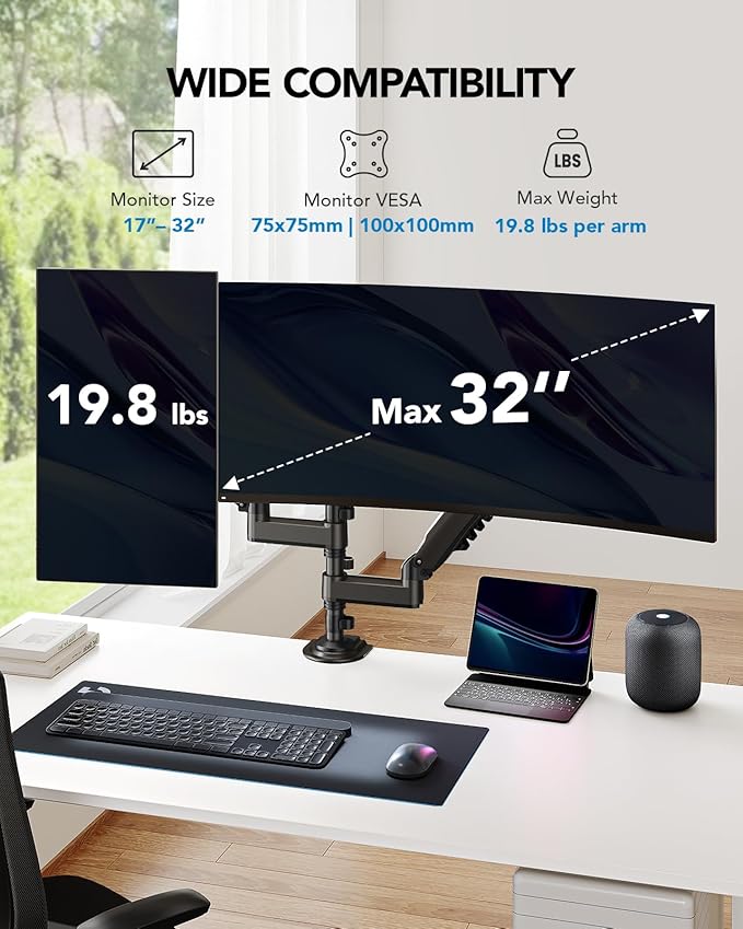HUANUO 17-32 Inch Dual Monitor Stand, Gas Spring Dual Monitor Mount, Monitor Stand 2 Monitors, Ergonomic Adjustable Tilt/Swivel/Rotate, Weight Max 19.8 lbs, VESA 75/100mm